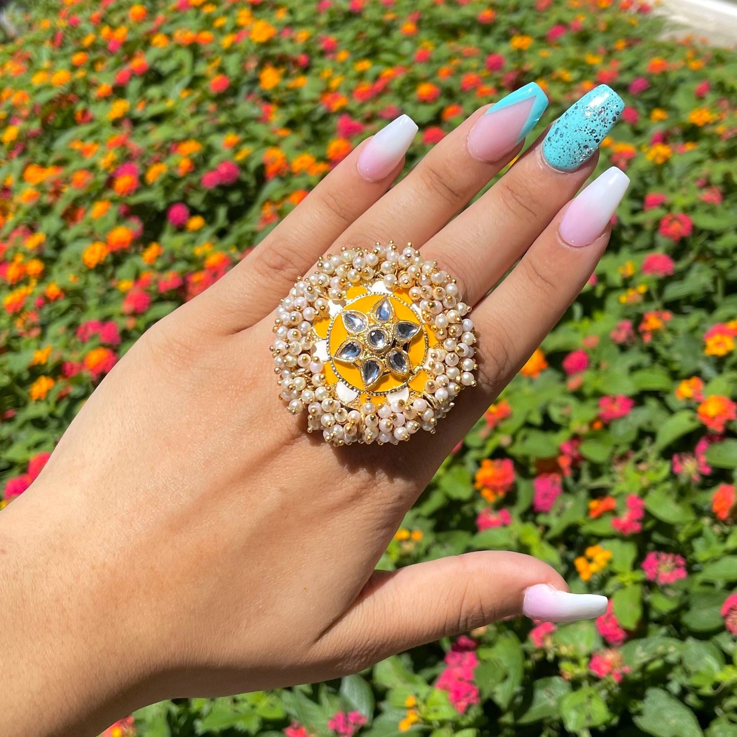 Yellow Mustard Adjustable Kundan and Meena Ring