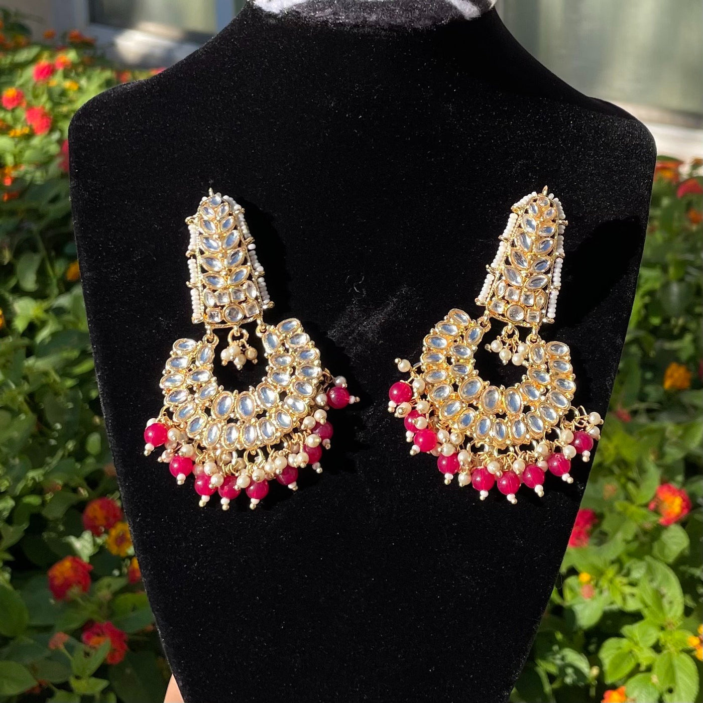 Magenta Rani Kundan Earrings