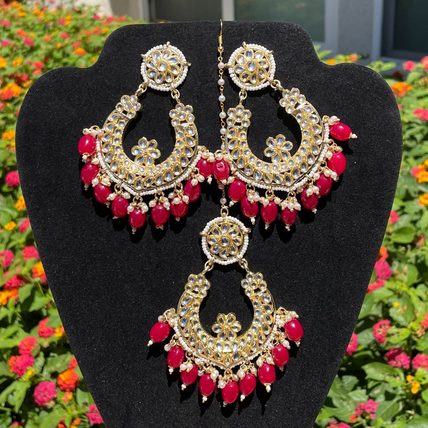 Red Kundan Earrings with Tikka