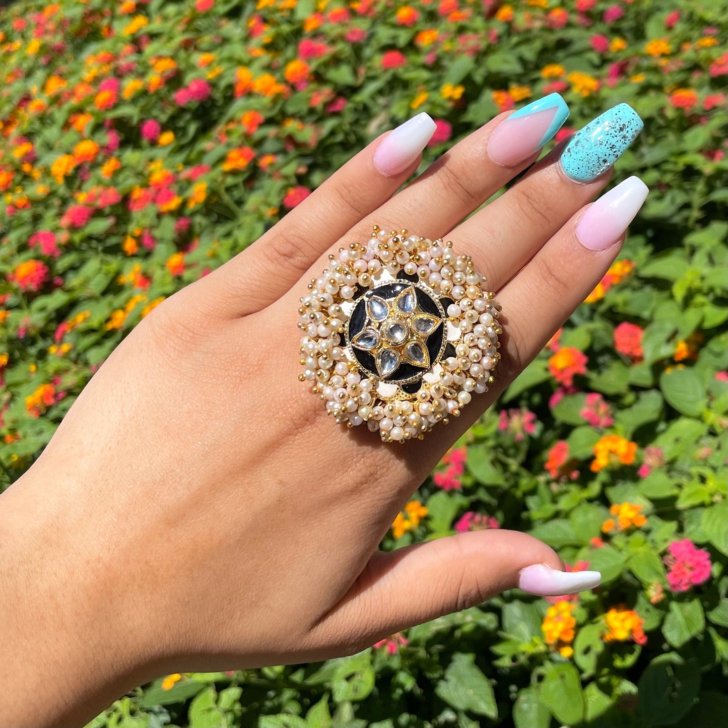 Black Adjustable Kundan and Meena Ring