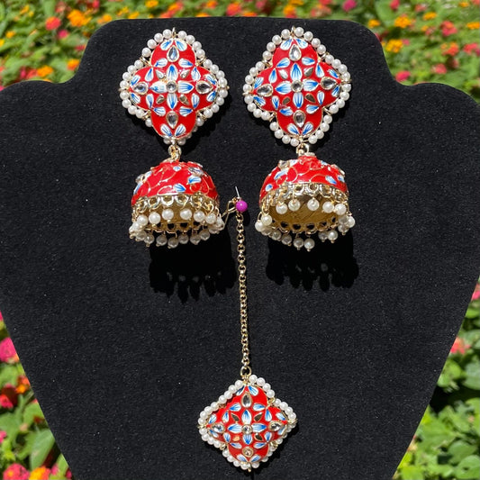 Red Kundan and Handpainted Meena Jhumki Earrings with Tikka