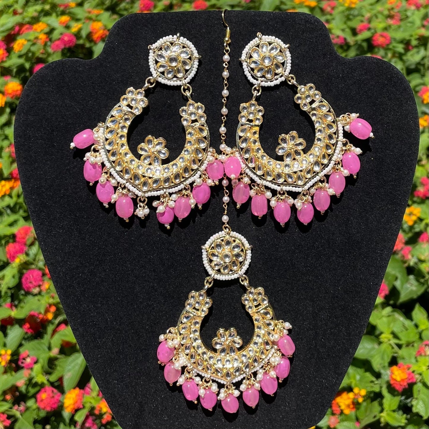 Pink Kundan Earrings with Tikka