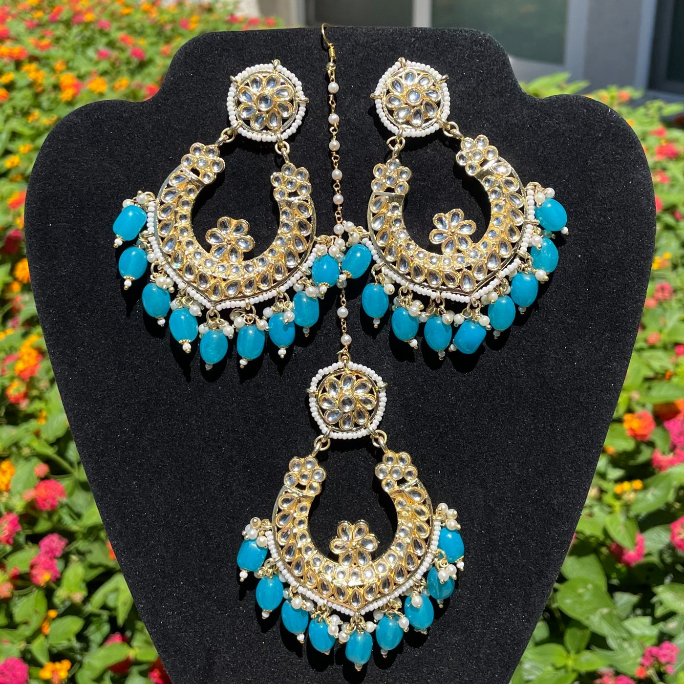 Blue Kundan Earrings with Tikka
