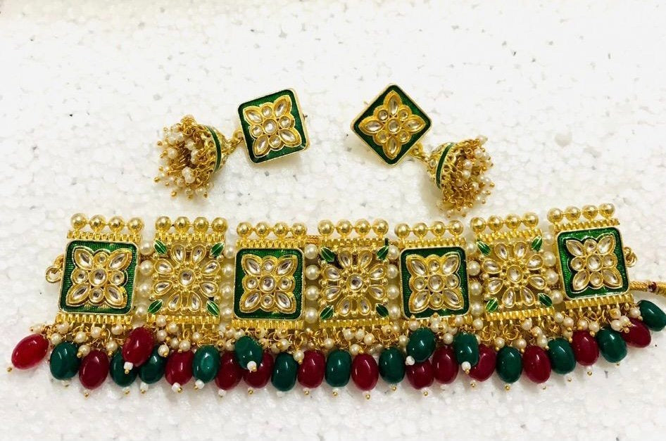 Multicolor (green & red) Meena and Kundan Choker Set