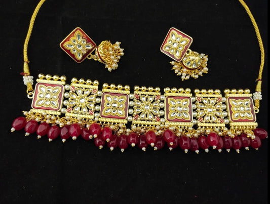 Red Meena and Kundan Choker Set