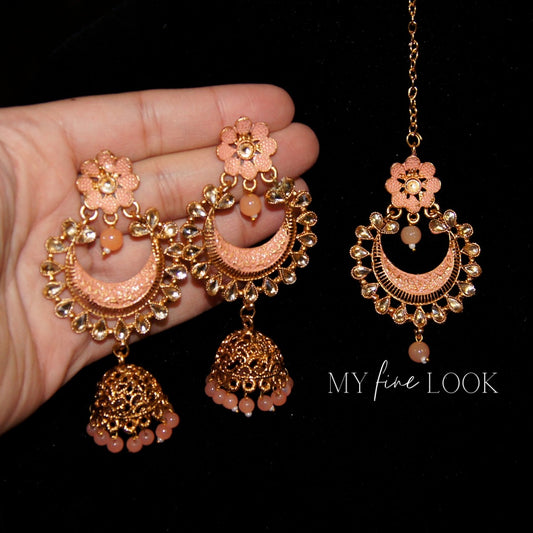 Peach Kundan and Meena Earrings with Maang Tikka