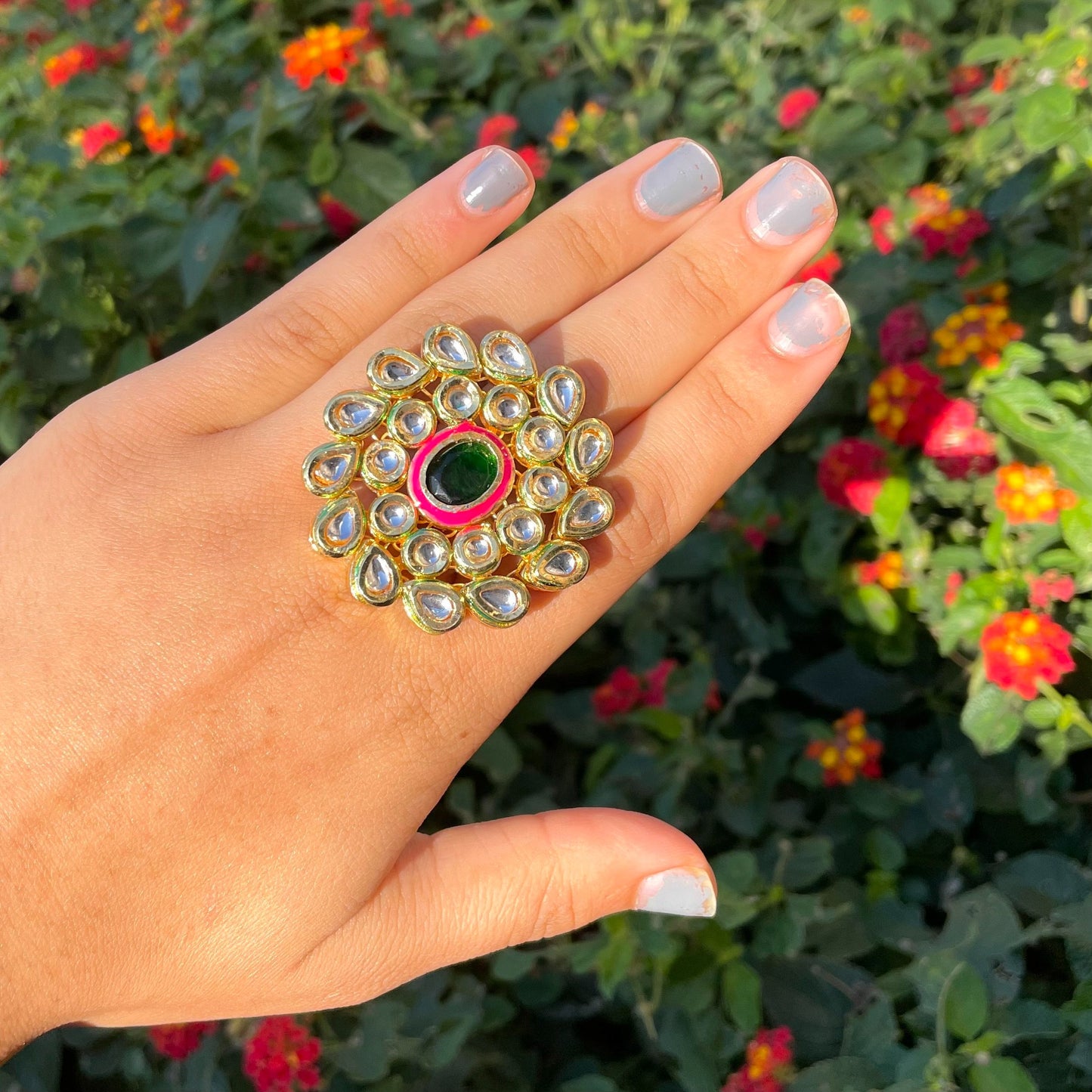 Handmade Kundan and Meena Adjustable Ring