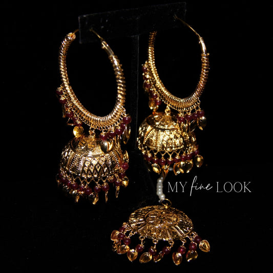 Maroon Jhumki Valliyan Earrings with Maang Tikka