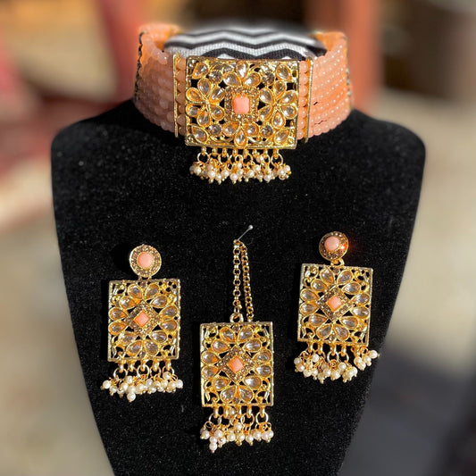 Peach Kundan Choker Set