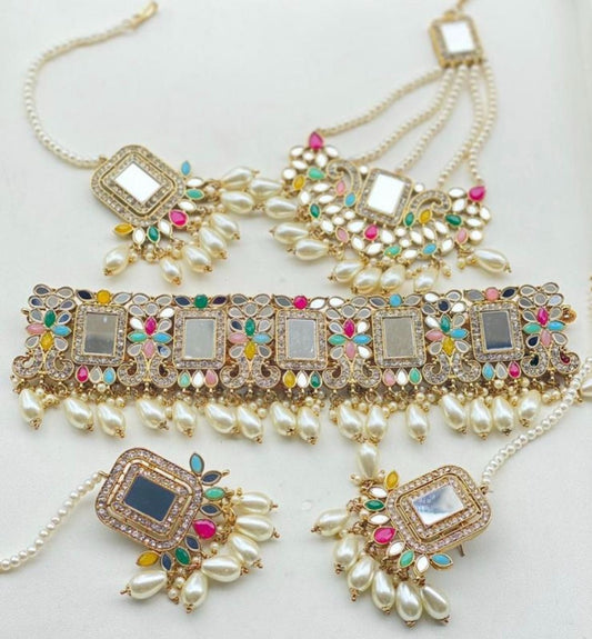 Silver Multicolor Mirror Full Choker Set