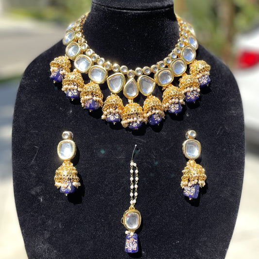 Navy Blue Jhumki Kundan Necklace Set