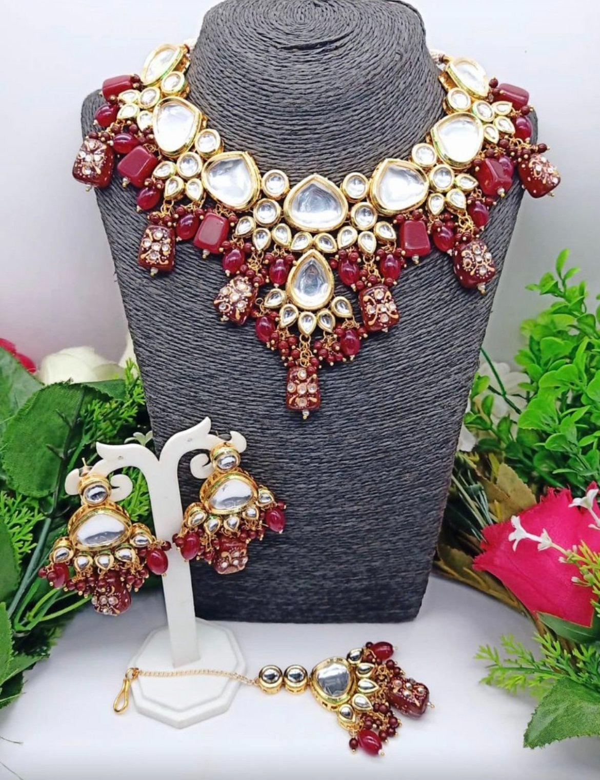 Red/Maroon Kundan Necklace Set