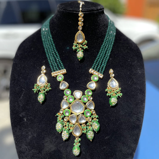 Green Kundan Long Ranihaar Set
