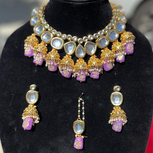 Purple Jhumki Kundan Necklace Set