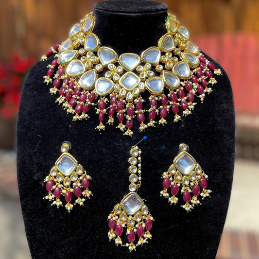 Ruby Maroon/Pink Kundan Necklace Set