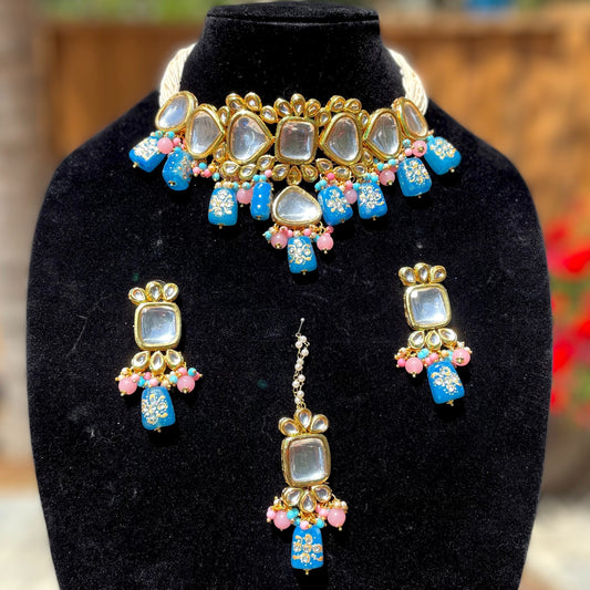 Fehrozy Blue/Pink Kundan Necklace/Choker Set