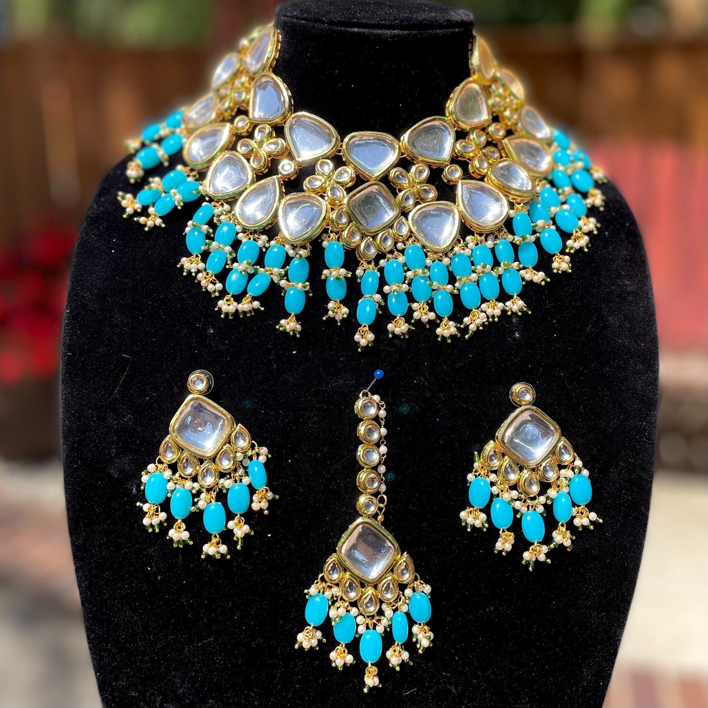 Fehrozy Blue Kundan Necklace Set