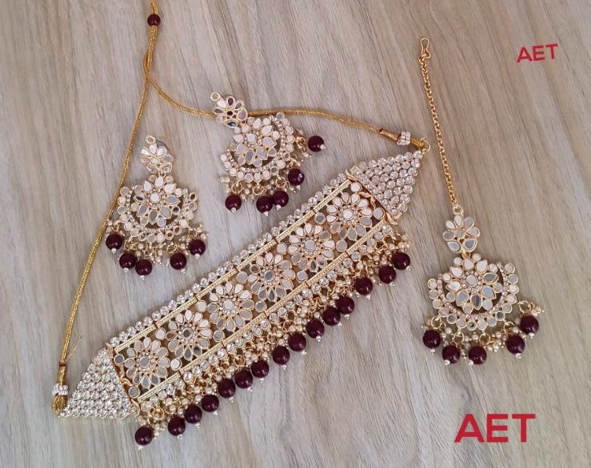 Maroon Burgundy Mirror Choker Set