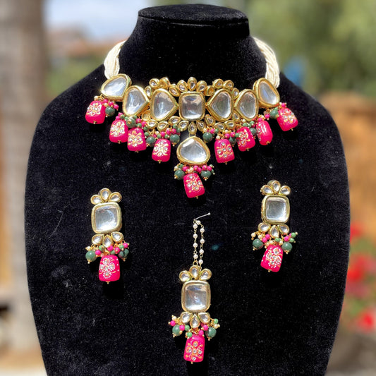 Pink/Green Kundan Necklace/Choker Set