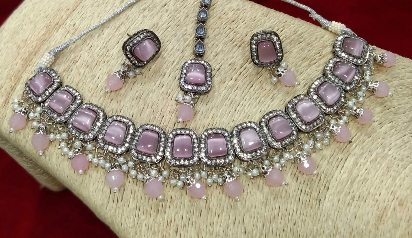 Light Pink Reverse American Diamond Set