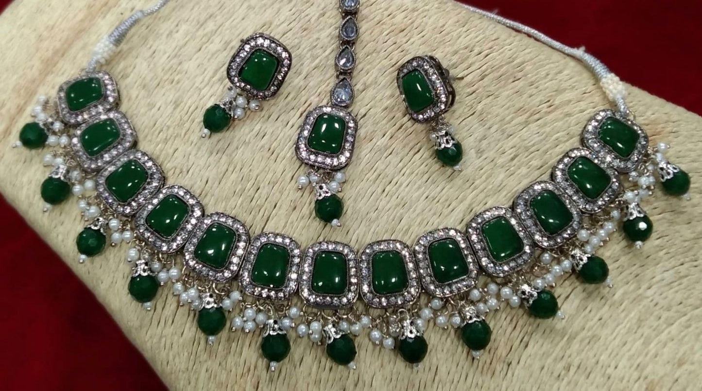 Green Reverse American Diamond Set