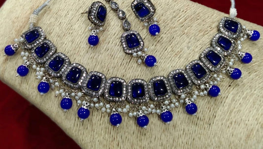 Royal Blue Reverse American Diamond Set