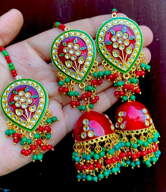 Red and Green Jhumki Earring/Tikka Set