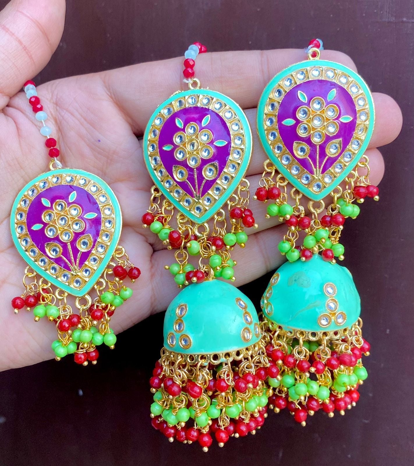 Green/Maroon/Purple Jhumki Earring/Tikka Set