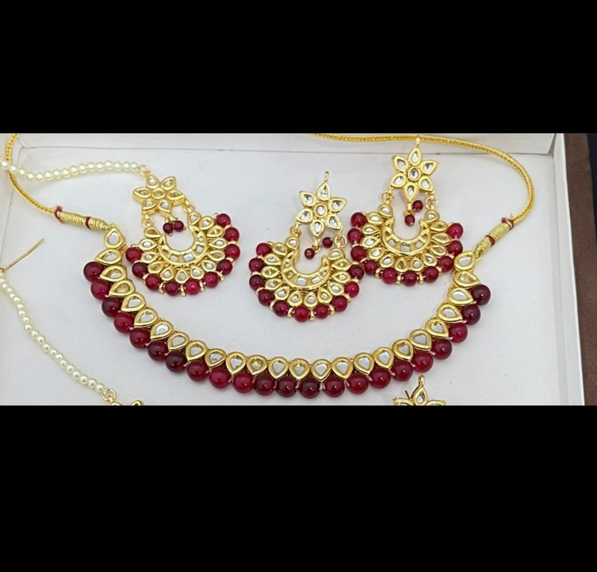Maroon Red Kundan Necklace Set
