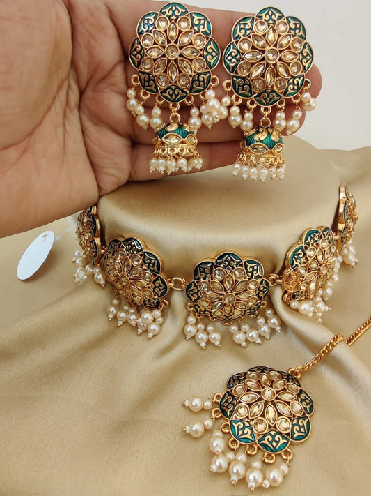 Turquoise Blue Morni Meena Choker Set