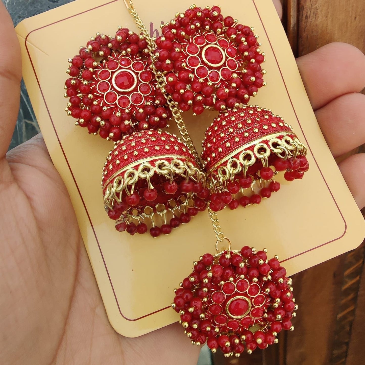 Red Jhumki Earring/Tikka Set