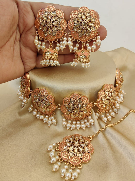 Peach Meena Choker Set