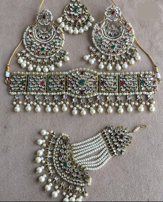Silver Multicolor Mirror Full Choker Set