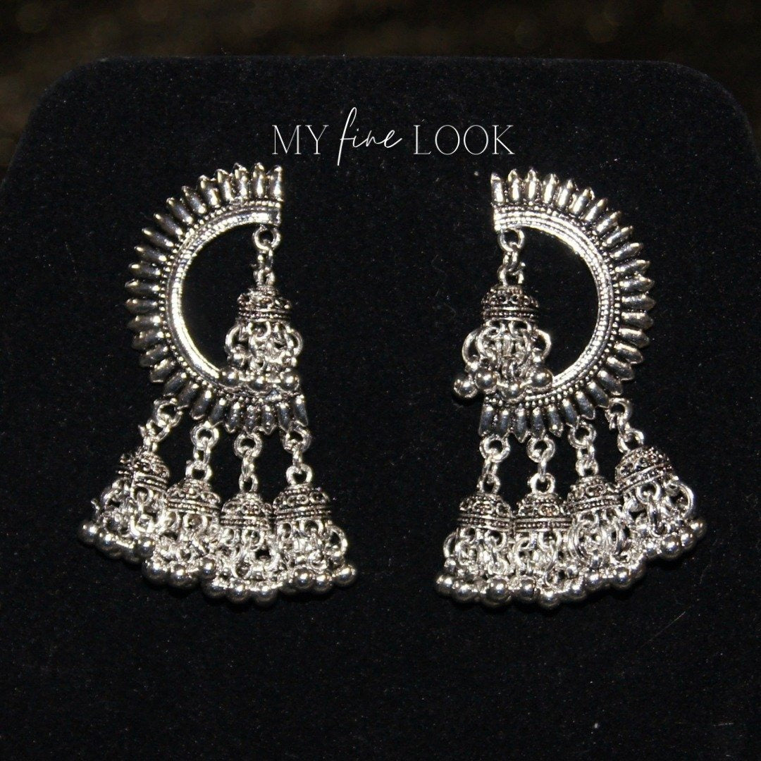 Silver Oxidized Earrings with Jhumkis