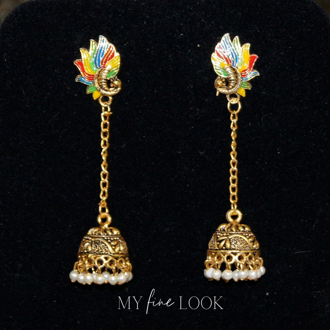 Multicolor Long Peacock Jhumki Earrings