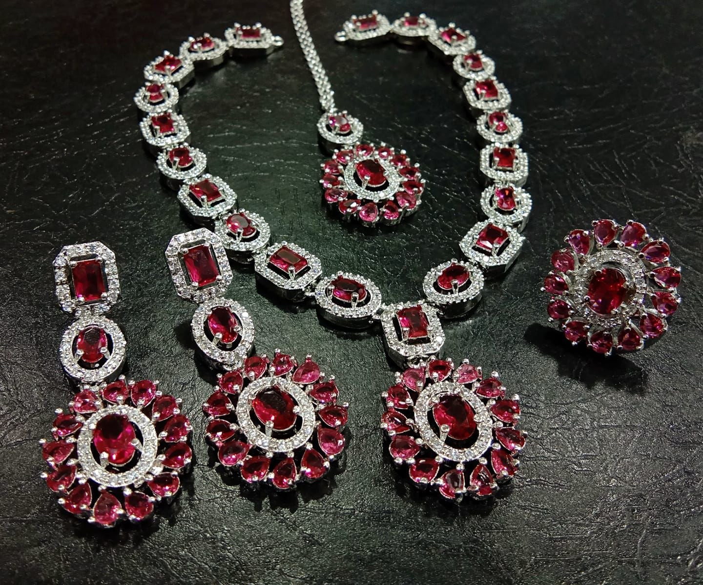 Deep Pink American Diamond Necklace Set