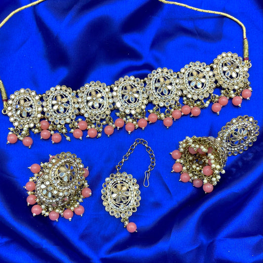 Salmon Pink Mirror Choker Set