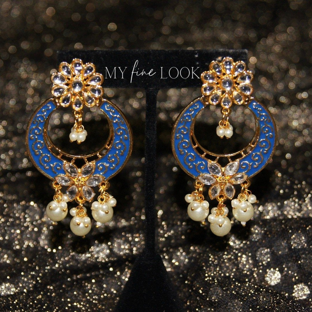 Blue Kundan and Meena Earrings
