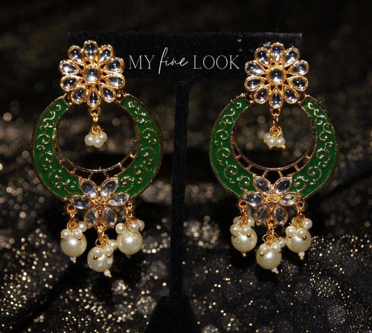 Green Kundan and Meena Earrings