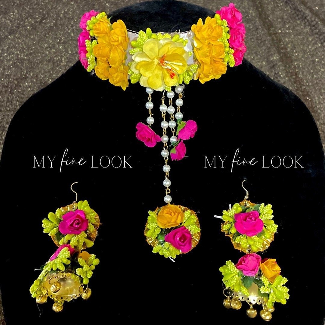 Multicolor Floral Choker Necklace Set with Jhumka Earrings