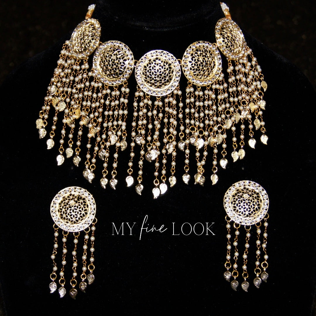 Gold, Pearl, and Pippal Pathi Long Choker Set