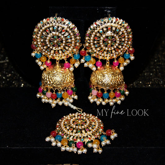 Multicolor Oversized Jhumka Earrings with Maang Tikka