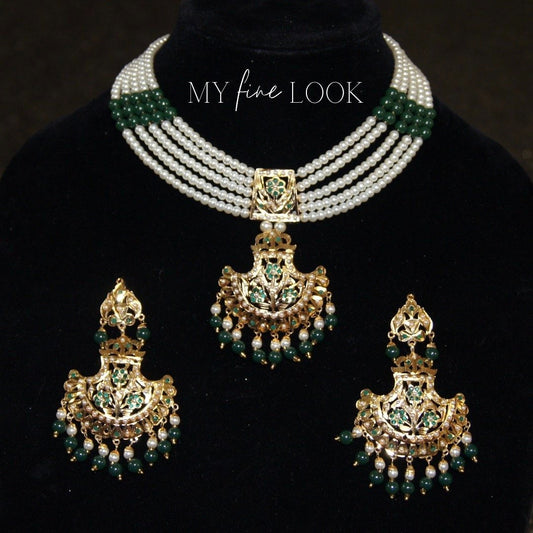 Green Gold and White Pearl Necklace Set