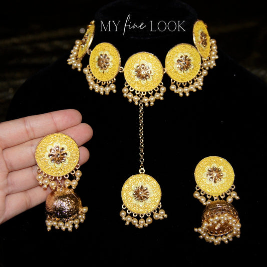 Yellow Meena Necklace Set