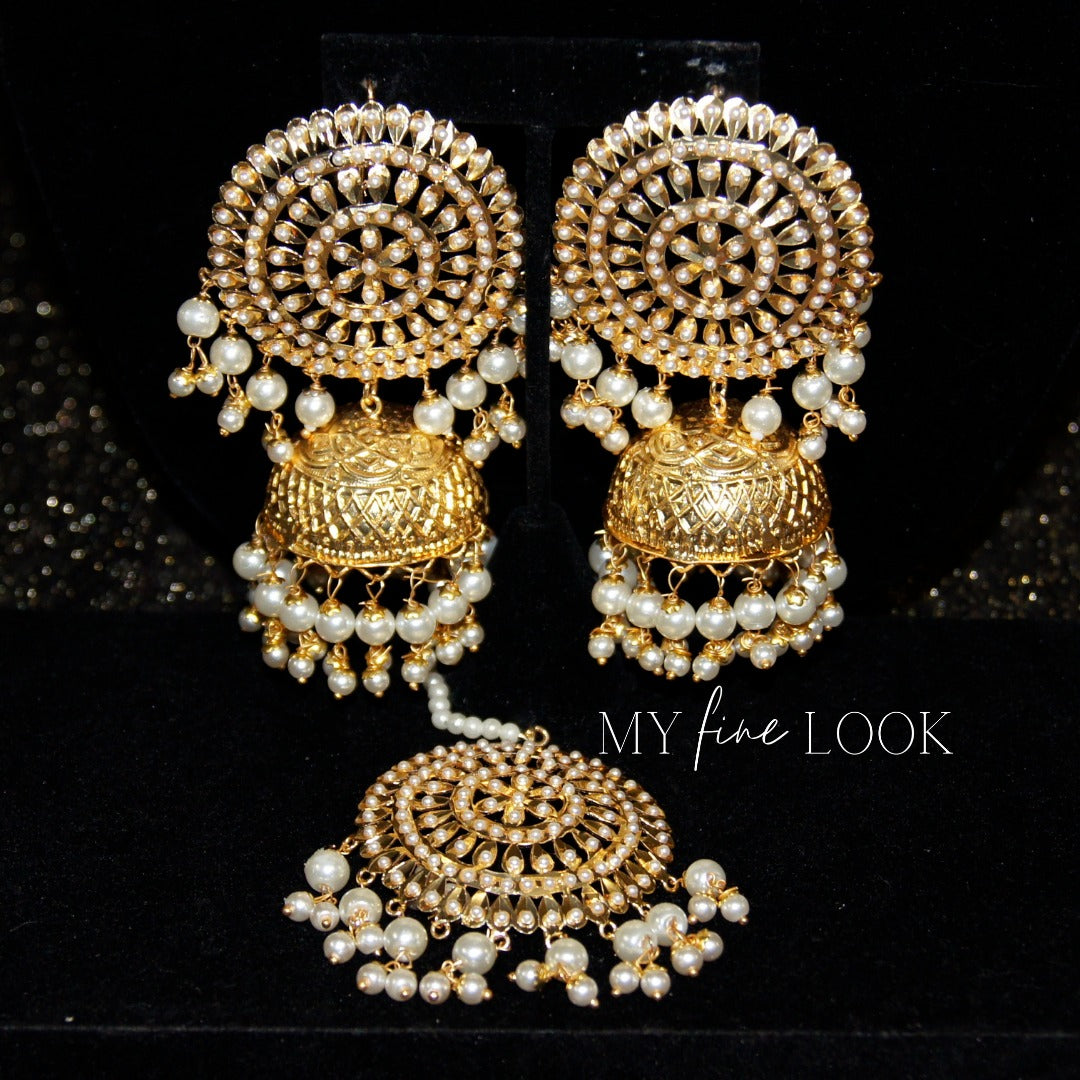 White Pearl Oversized Jhumka Earrings with Maang Tikka