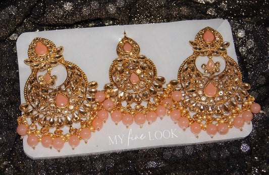 Peach Earrings with Maang Tikka