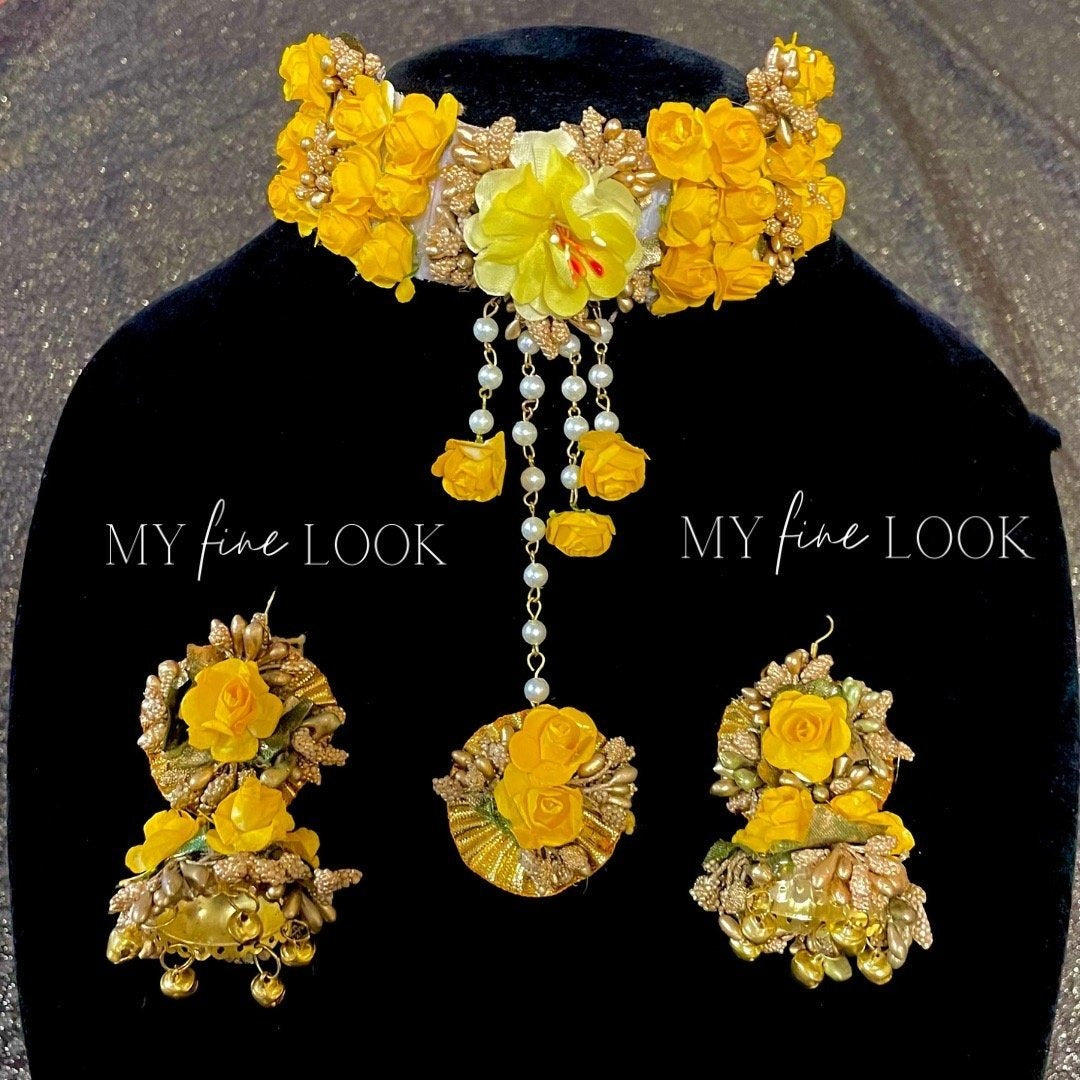 Yellow Floral Choker Necklace Set with Jhumki Earrings