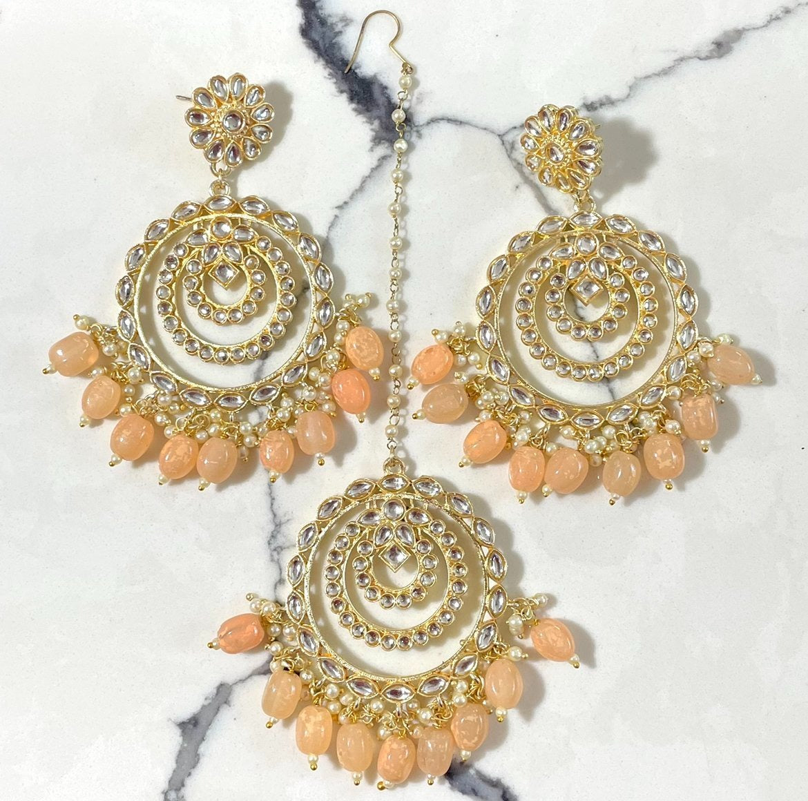 Light Peach Kundan Earrings and Tikka