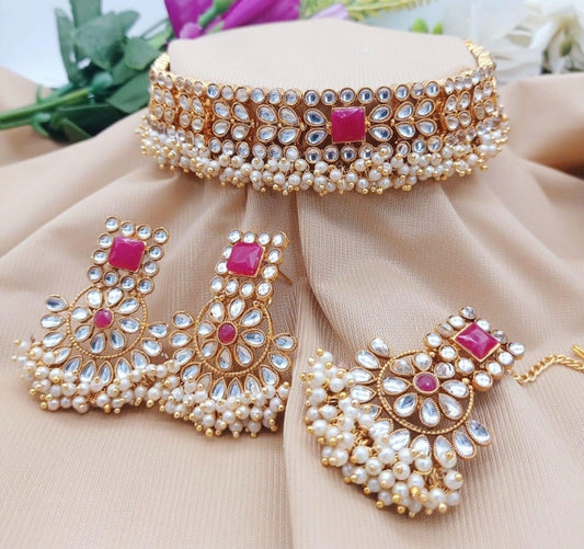 Pink Stone Pearl Choker Set