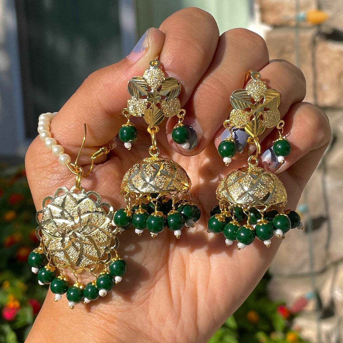 Green Jhumki Earrings and Tikka